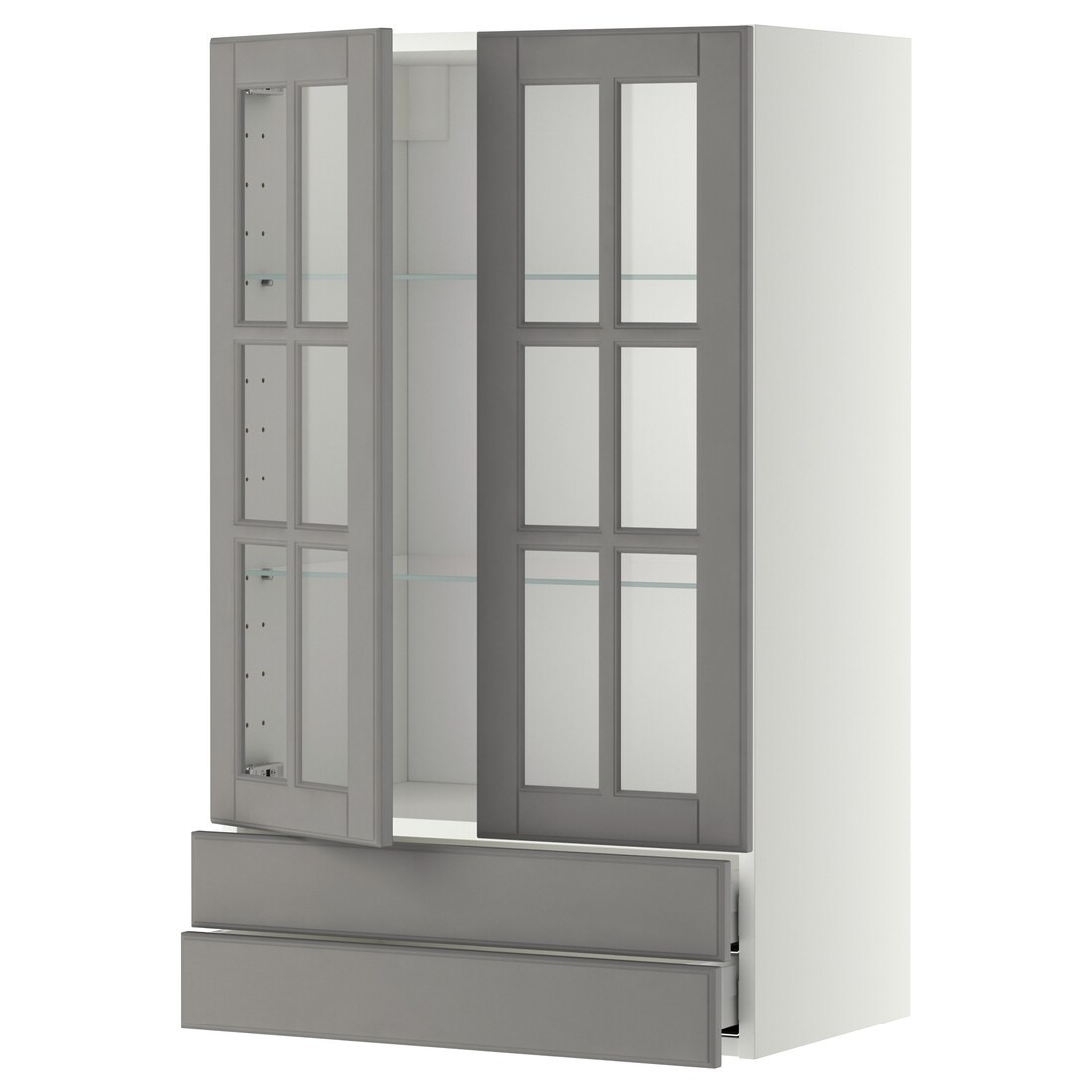 IKEA METOD МЕТОД / MAXIMERA МАКСИМЕРА Навесной шкаф / 2 стеклянные дверцы / 2 ящика, белый / Bodbyn серый, 60x100 см 59394972 | 593.949.72