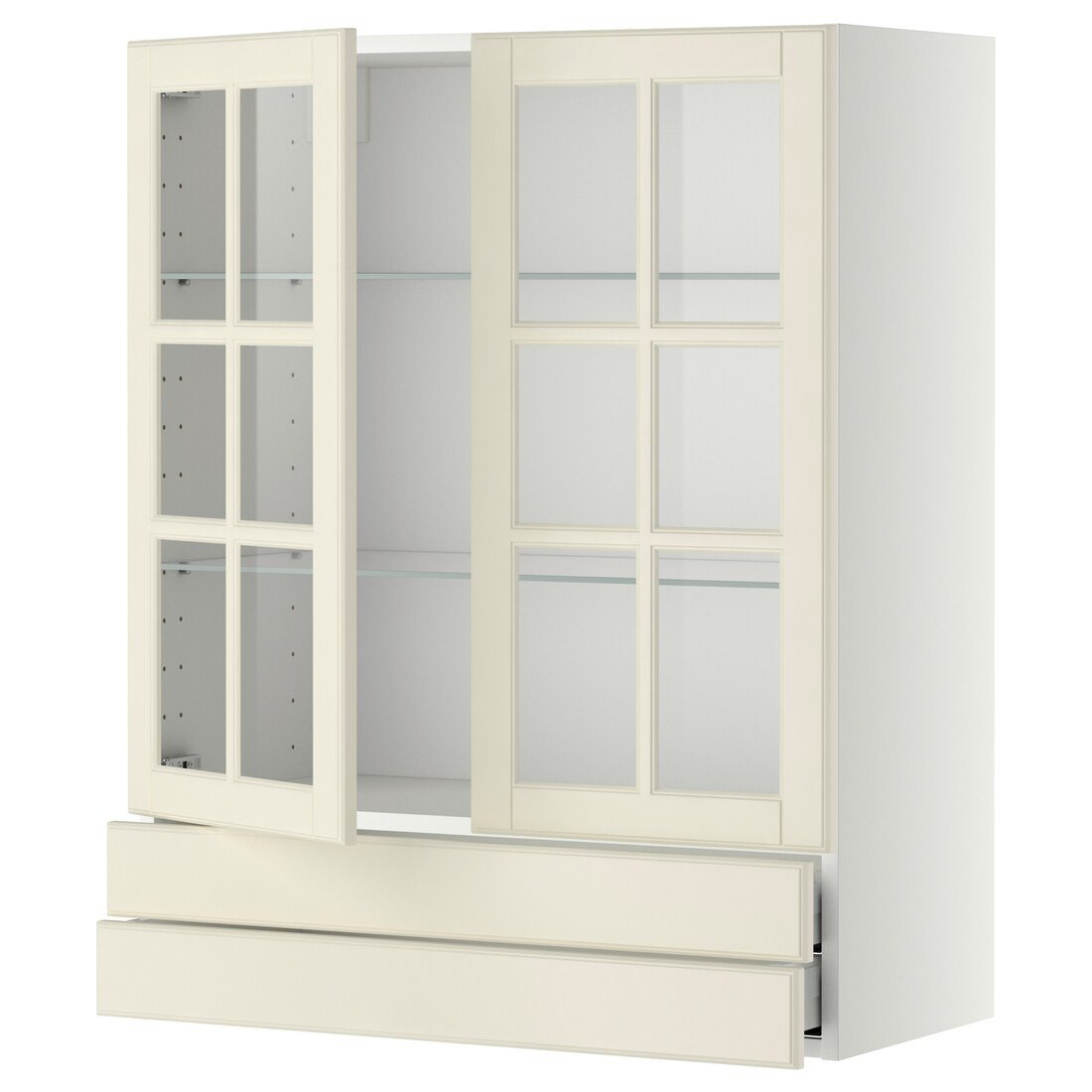 IKEA METOD МЕТОД / MAXIMERA МАКСИМЕРА Навесной шкаф / 2 стеклянные дверцы / 2 ящика, белый / Bodbyn кремовый, 80x100 см 69394995 693.949.95