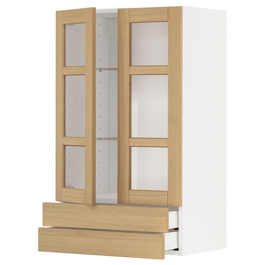 IKEA METOD / MAXIMERA Навесной шкаф / 2 стеклянные дверцы / 2 ящика, белый / дуб Forsbacka, 60x100 см 99509400 | 995.094.00
