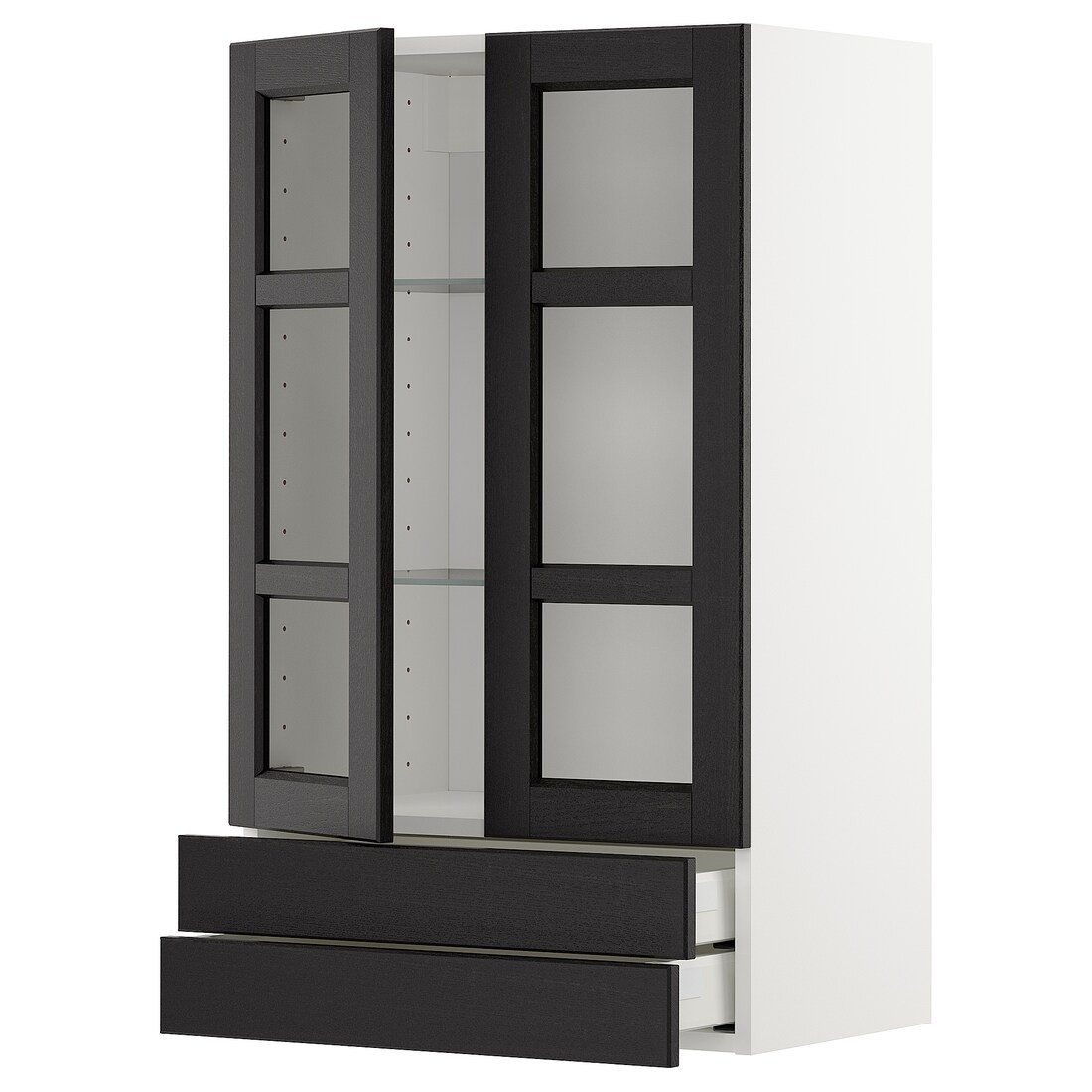 IKEA METOD МЕТОД / MAXIMERA МАКСИМЕРА Навесной шкаф / 2 стеклянные дверцы / 2 ящика, белый / Lerhyttan черная морилка, 60x100 см 29463943 | 294.639.43