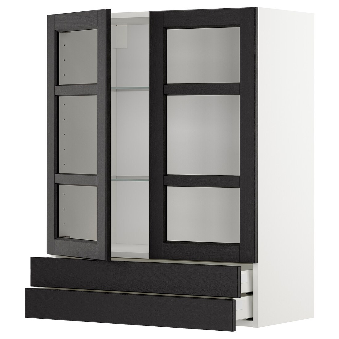 IKEA METOD МЕТОД / MAXIMERA МАКСИМЕРА Навесной шкаф / 2 стеклянные дверцы / 2 ящика, белый / Lerhyttan черная морилка, 80x100 см 29458908 | 294.589.08