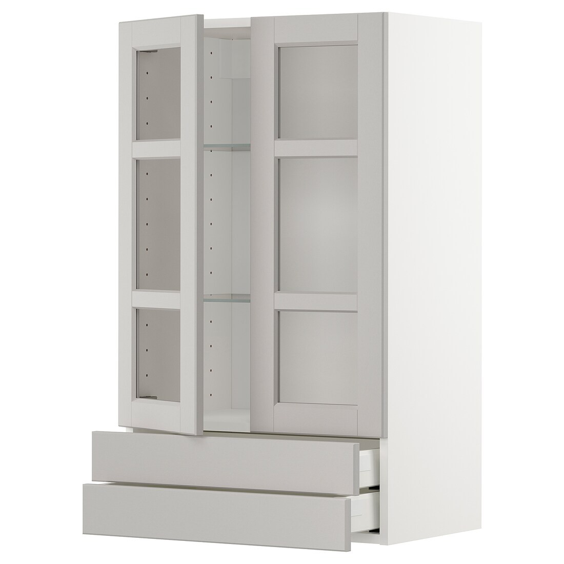 IKEA METOD МЕТОД / MAXIMERA МАКСИМЕРА Навесной шкаф / 2 стеклянные дверцы / 2 ящика, белый / Lerhyttan светло-серый, 60x100 см 59455531 | 594.555.31