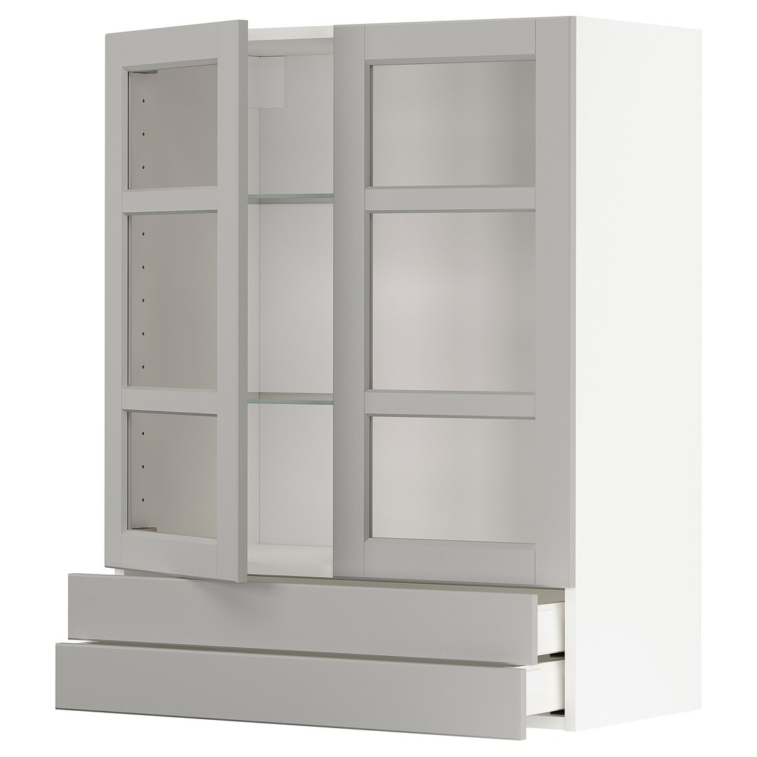 IKEA METOD МЕТОД / MAXIMERA МАКСИМЕРА Навесной шкаф / 2 стеклянные дверцы / 2 ящика, белый / Lerhyttan светло-серый, 80x100 см 39458757 | 394.587.57