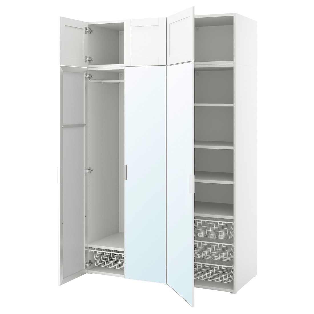 IKEA PLATSA ПЛАТСА Гардероб с 6 дверями, белый STRAUMEN зеркало стекло / САННИДАЛЬ белый, 140x57x221 см 99417373 994.173.73