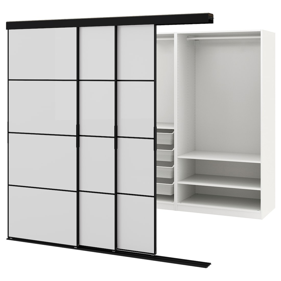 IKEA SKYTTA / PAX Гардероб с раздвижными дверями, черный/Хокксунд глянцевый светло-серый,226х160х205 см 4310 , - 29528138 295.281.38