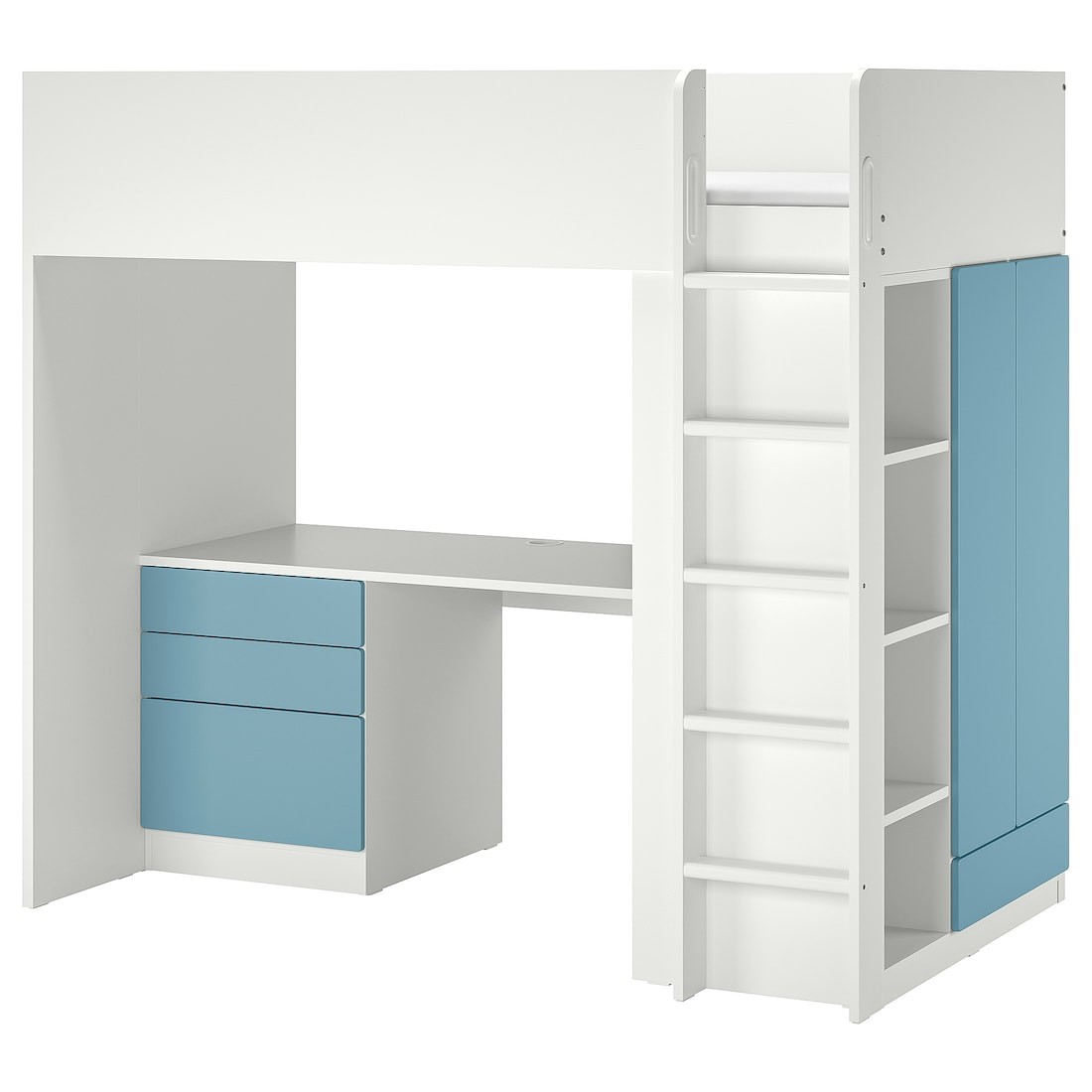 IKEA SMÅSTAD Кровать-чердак, белый синий / со столом с 4 ящиками, 90x200 см 59542637 595.426.37