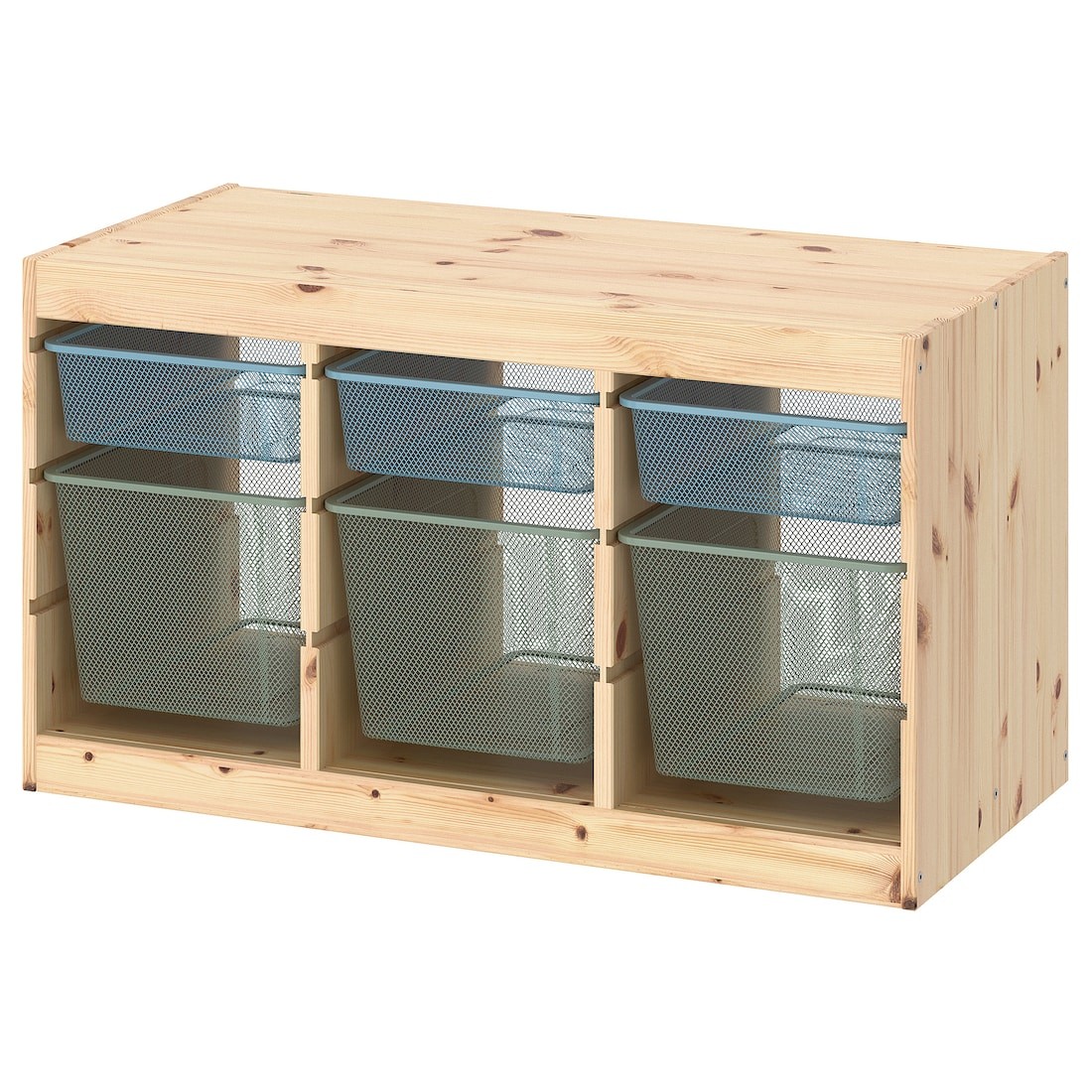 IKEA TROFAST Комбинация для хранения + контейнеры, светлая беленая сосна серо-голубой / светлый зелено-серый, 93x44x52 см 99533278 | 995.332.78