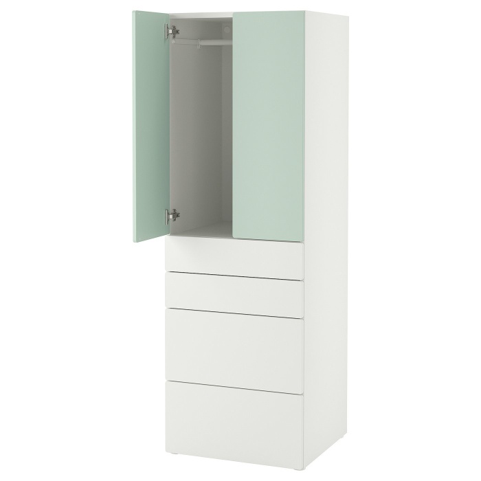 SMÅSTAD СМОСТАД / PLATSA ПЛАТСА Гардероб, білий світло-зелений/з 4 ящиками, 60x57x181 см