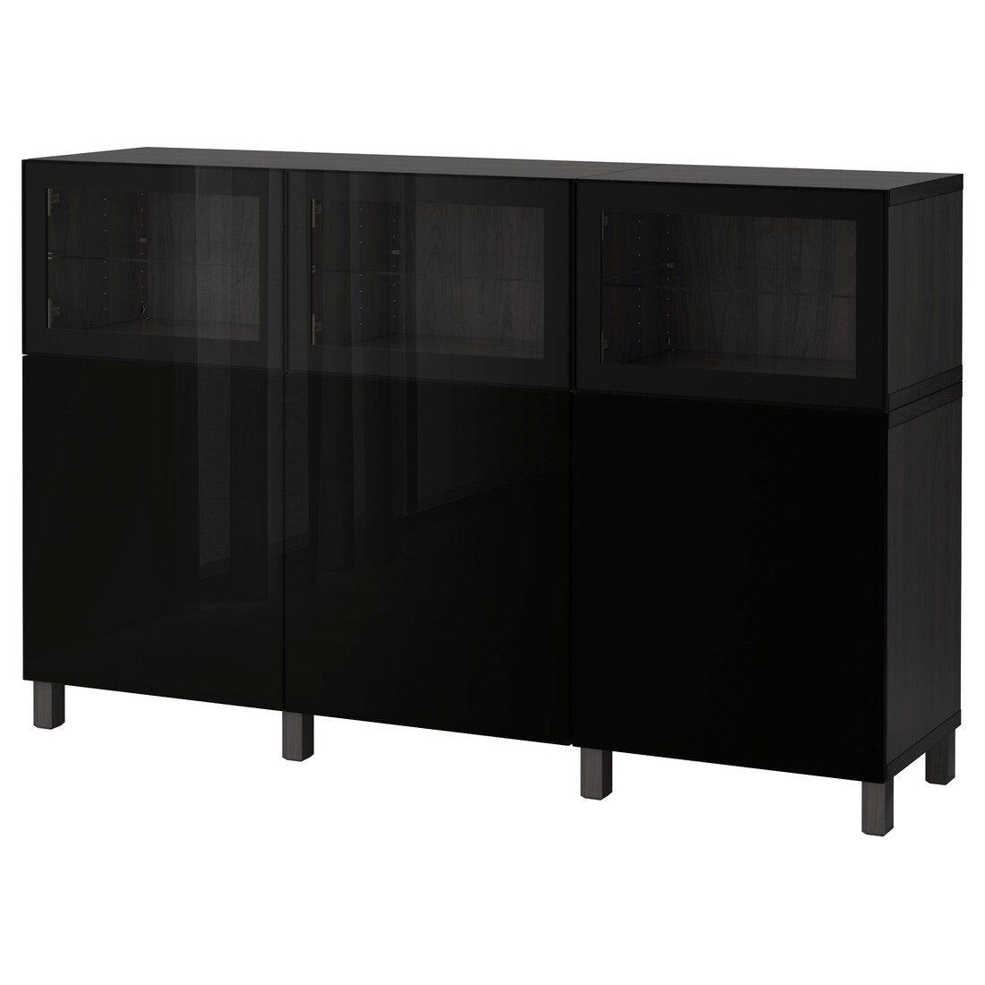 BESTÅ БЕСТО Комбинация для хранения с дверцами, черно-коричневый Selsviken / Glassvik глянцевый / черное прозрачное стекло, 180x42x112 см