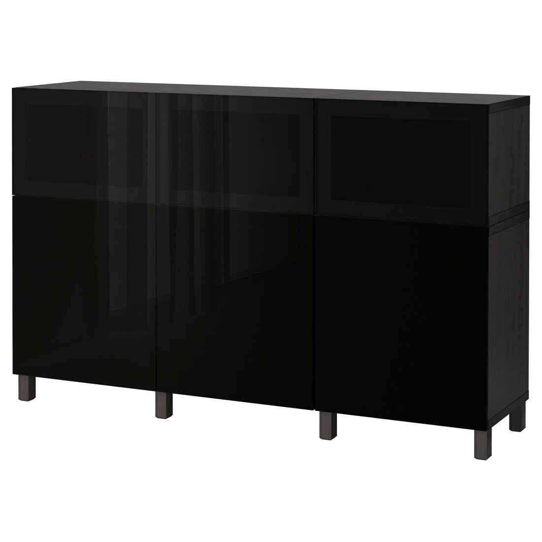 BESTÅ БЕСТО Комбинация для хранения с дверцами, черно-коричневый Selsviken / Glassvik глянцевый / черное дымчатое стекло, 180x42x112 см