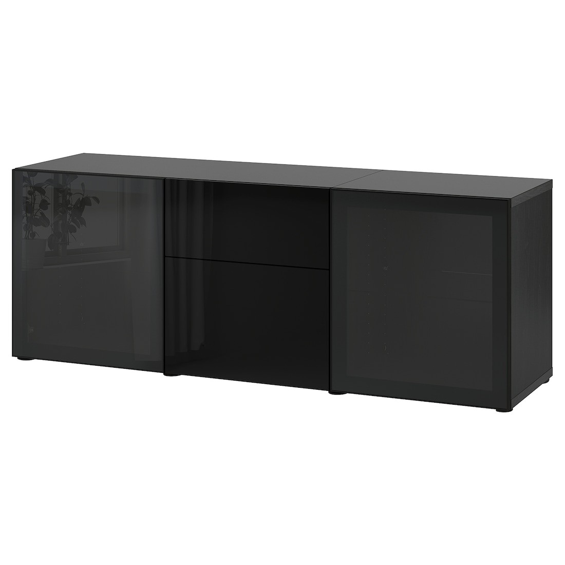 BESTÅ БЕСТО Комбинация для хранения с ящиками, черно-коричневый / Selsviken глянцевый / черное дымчатое стекло, 180x42x65 см