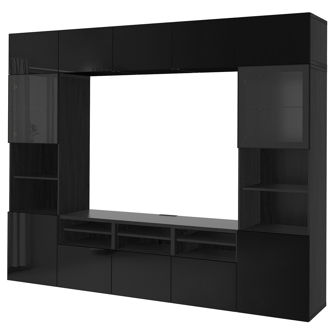 BESTÅ БЕСТО Комбинация для ТВ / стеклянные двери, черно-коричневый / Selsviken глянцевый / черное прозрачное стекло, 300x42x231 см