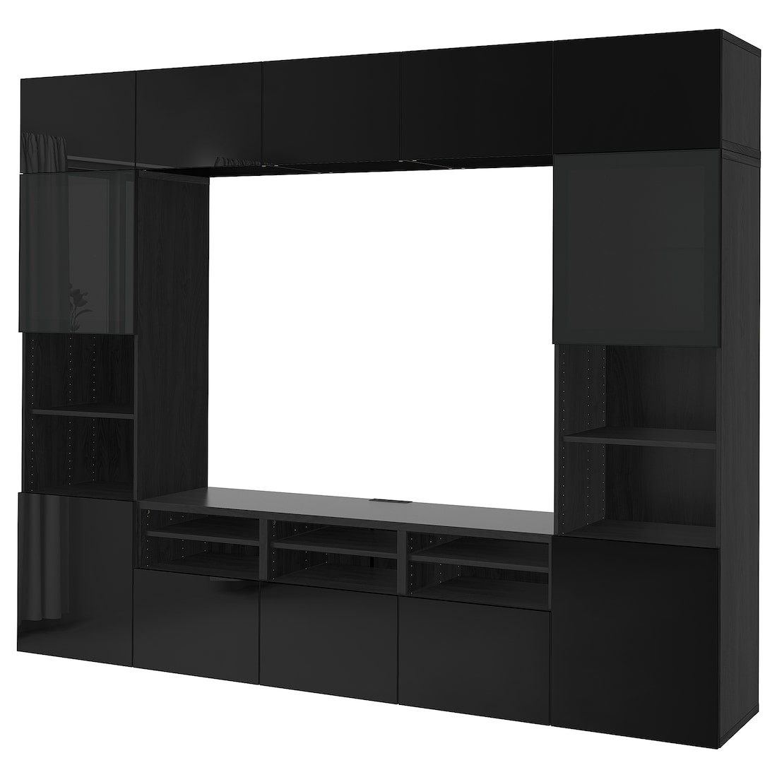 BESTÅ БЕСТО Комбинация для ТВ / стеклянные двери, черно-коричневый / Selsviken глянцевый / черное дымчатое стекло, 300x42x231 см