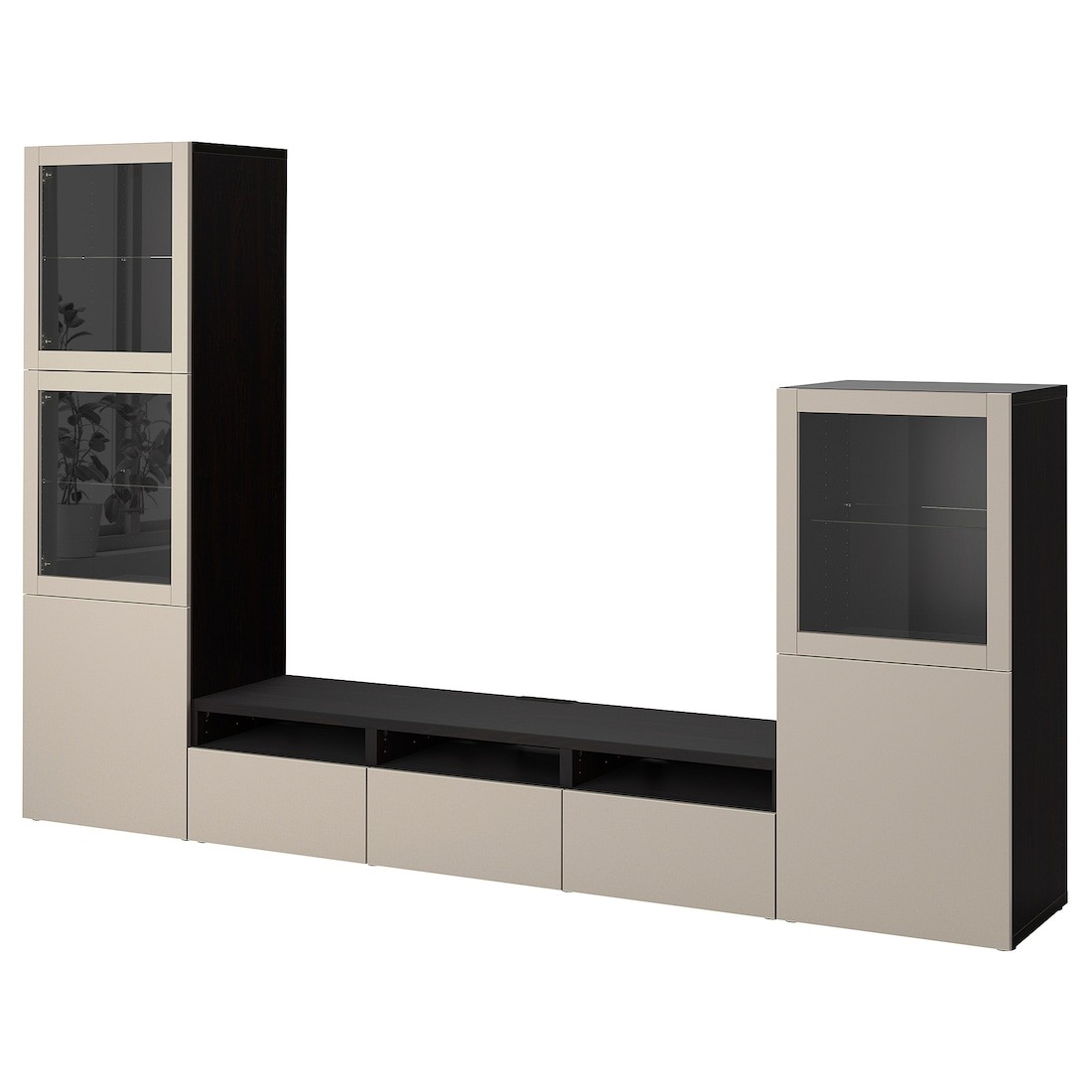 BESTÅ БЕСТО Комбинация для ТВ / стеклянные двери, черно-коричневый Sindvik / Lappviken светло-серый / бежевый, 300x42x193 см