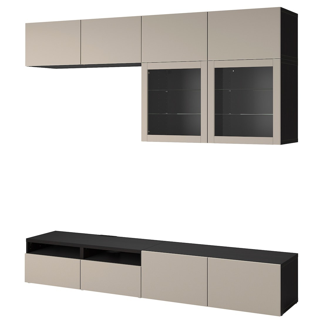 BESTÅ БЕСТО Комбинация для ТВ / стеклянные двери, черно-коричневый Sindvik / Lappviken светло-серый / бежевый, 240x42x231 см