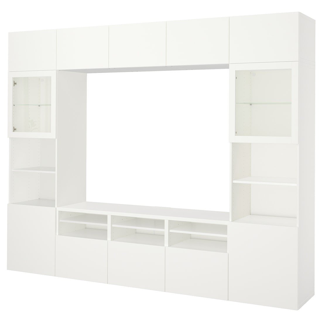 BESTÅ БЕСТО Комбинация для ТВ / стеклянные двери, белый / Lappviken белое стекло прозрачное, 300x42x231 см