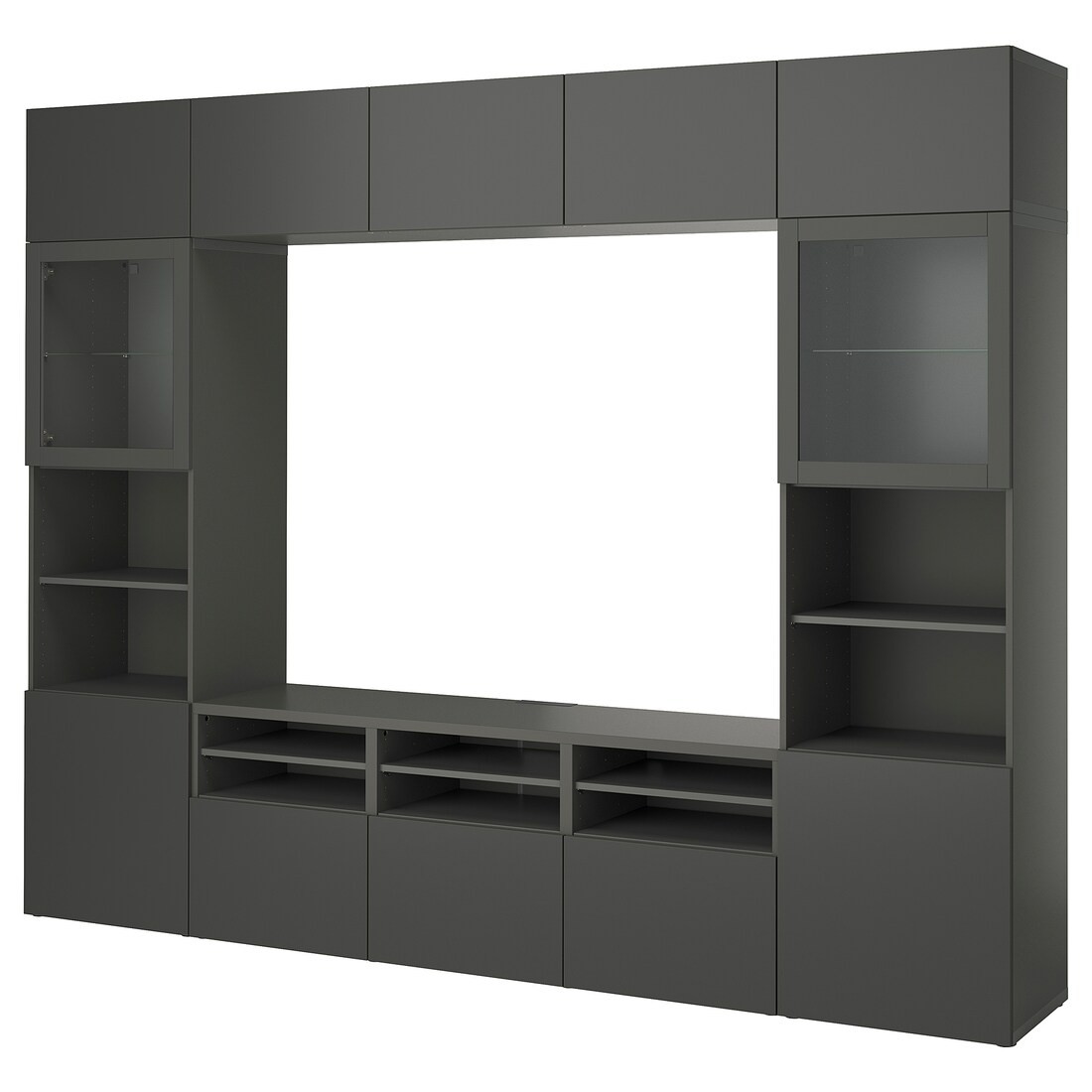 BESTÅ Комбинация для ТВ / стеклянные двери, темно-серый Лаппвикен/Синдвик темно-серый, 300x42x231 см