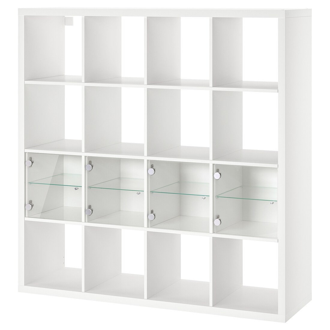 KALLAX Стеллаж с 4 вставками, белый / стекло, 147x147 см