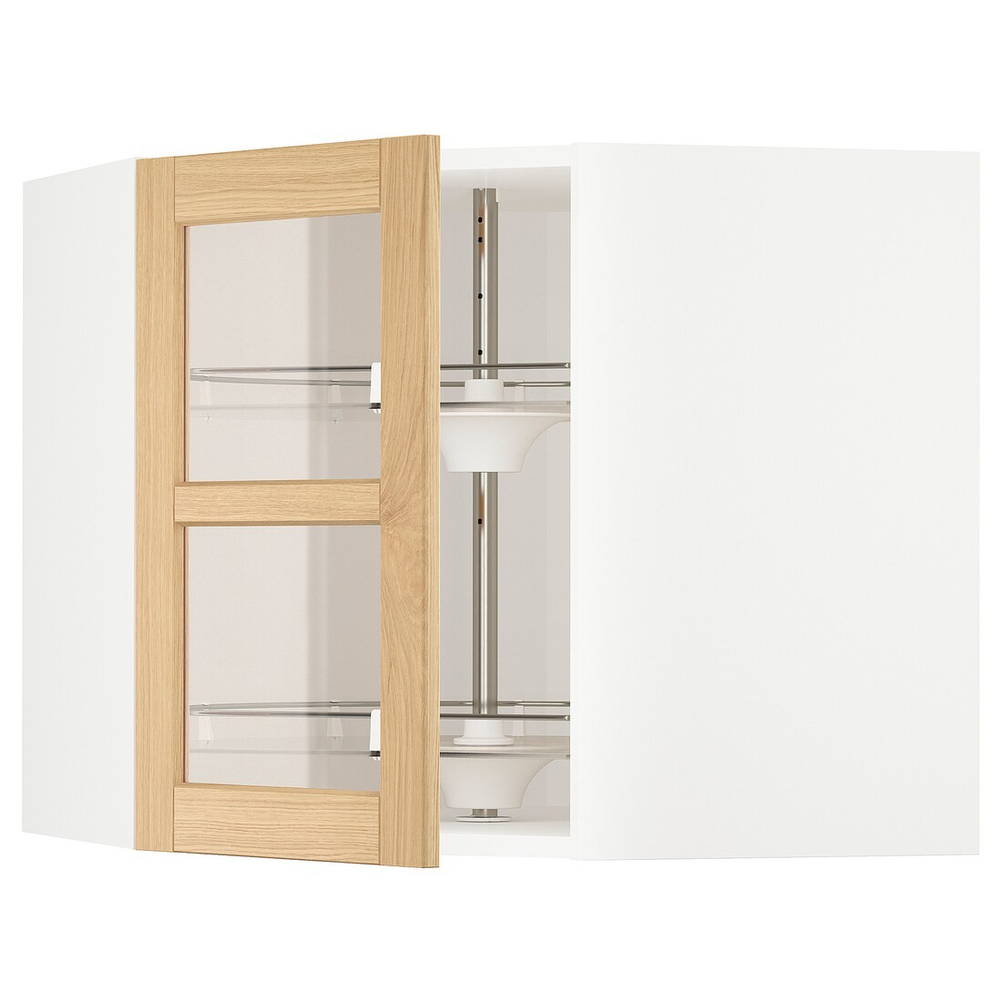 METOD Угловой настенный шкаф с каруселью / стеклянная дверь, белый / дуб Forsbacka, 68x60 см