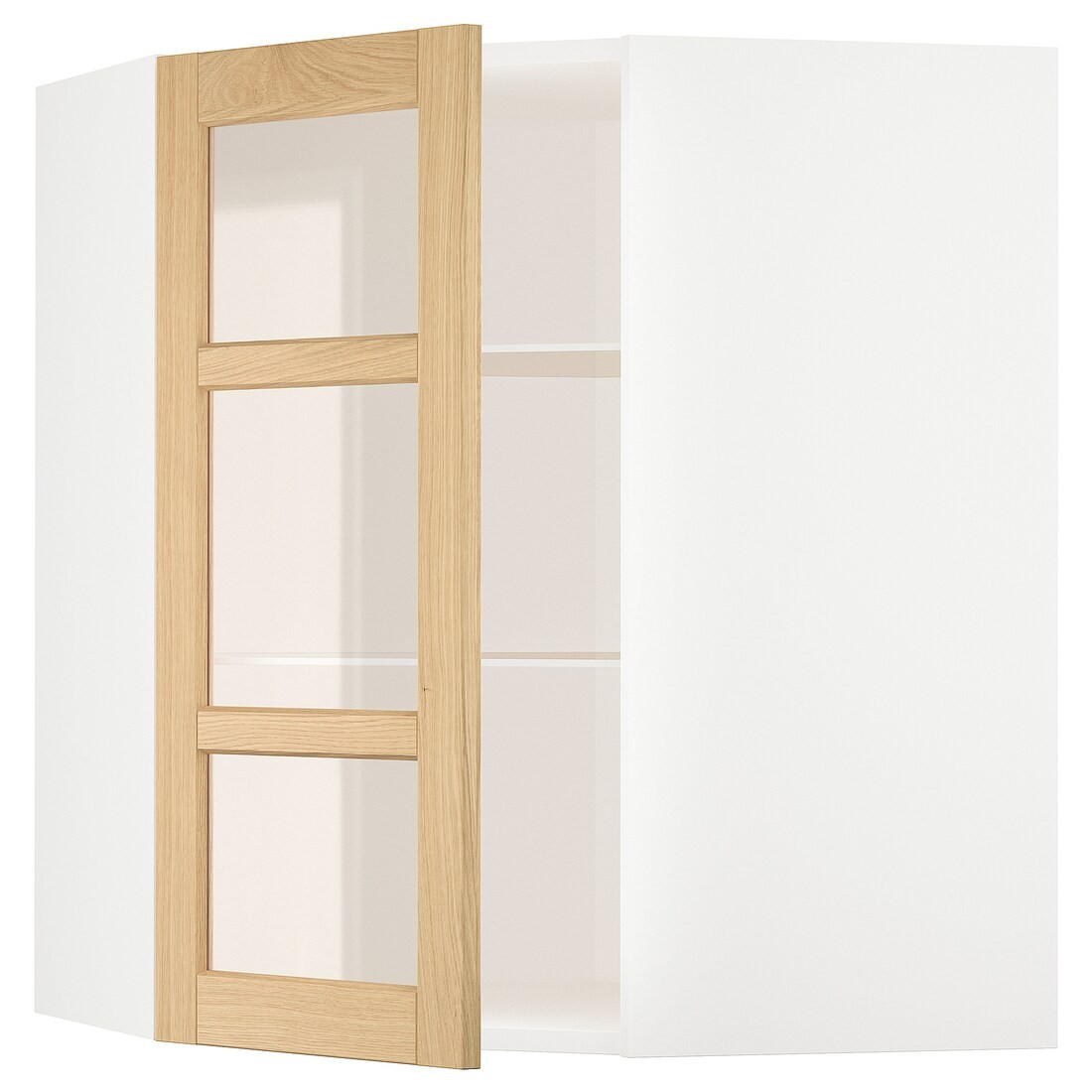 METOD Угловой настенный шкаф с полками / стеклянная дверь, белый / дуб Forsbacka, 68x80 см