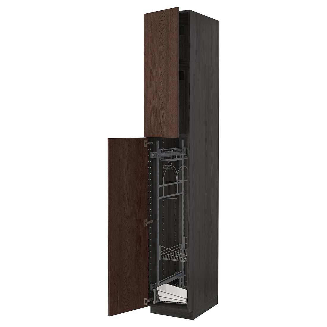 METOD МЕТОД Высокий шкаф с отделением для аксессуаров для уборки, черный / Sinarp коричневый, 40x60x240 см