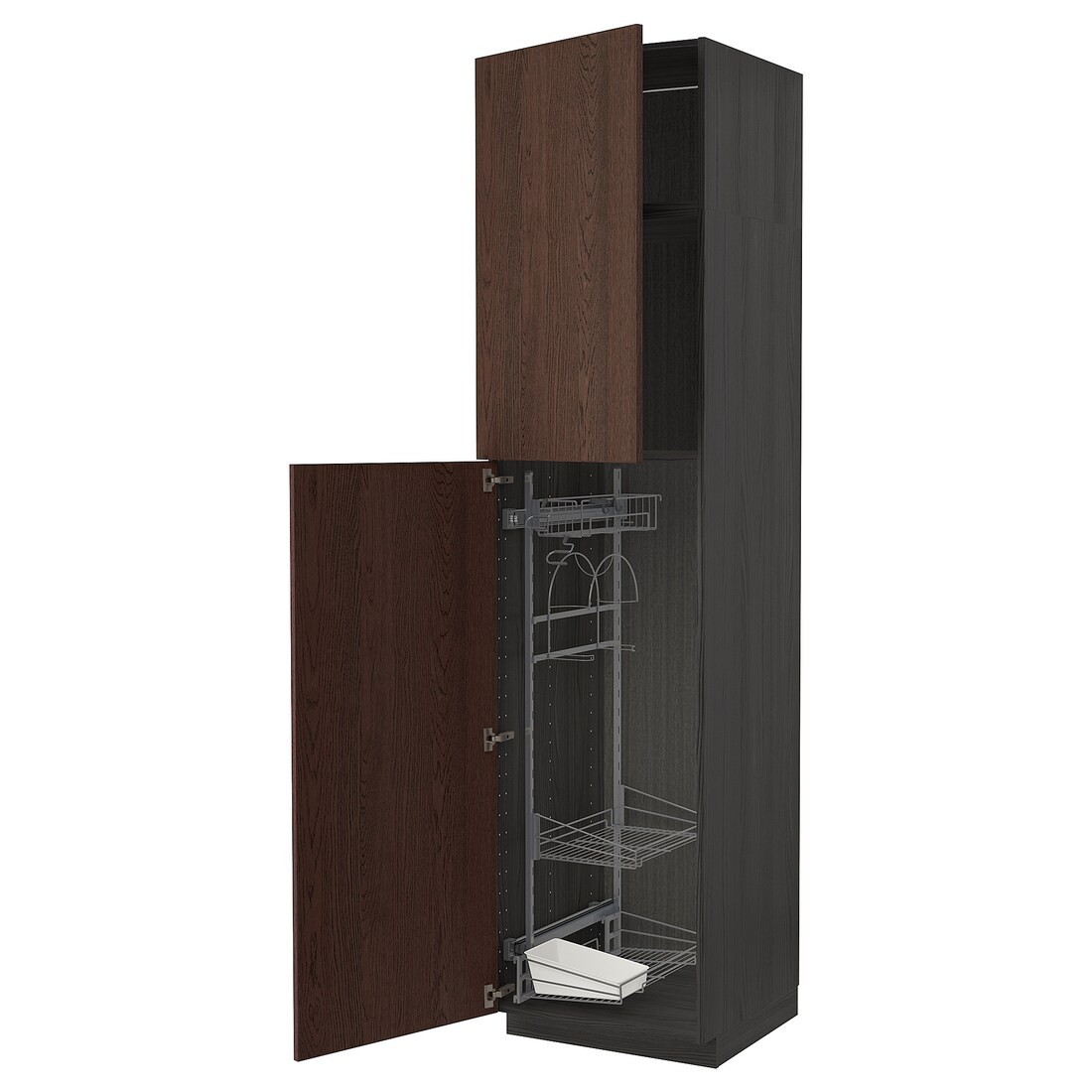 METOD МЕТОД Высокий шкаф с отделением для аксессуаров для уборки, черный / Sinarp коричневый, 60x60x240 см