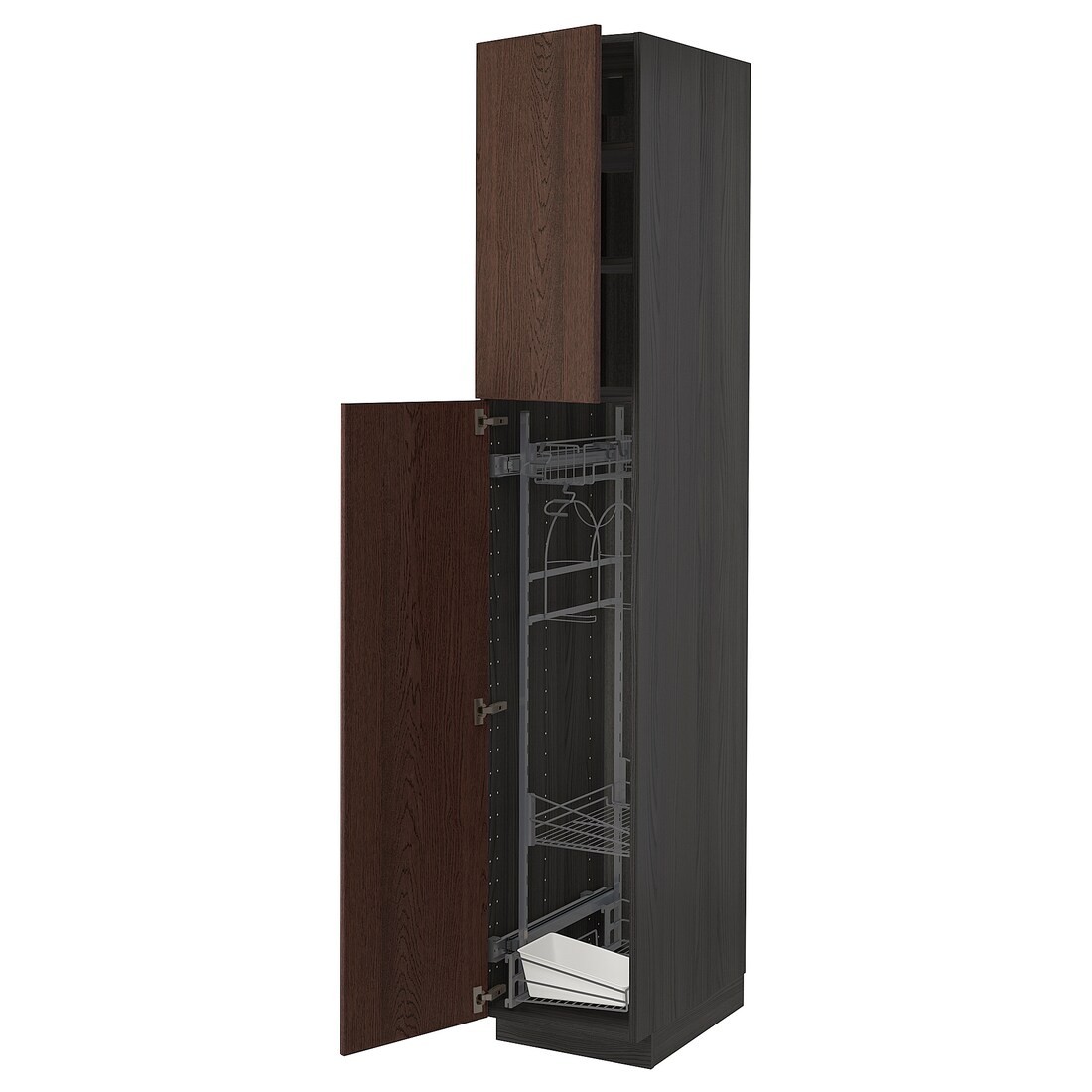 METOD МЕТОД Высокий шкаф с отделением для аксессуаров для уборки, черный / Sinarp коричневый, 40x60x220 см