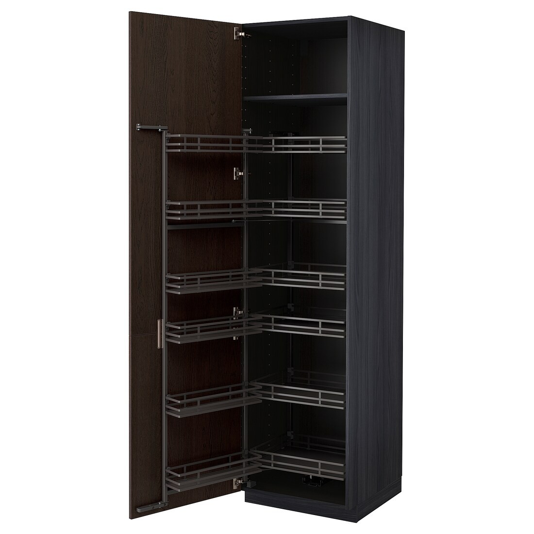 METOD МЕТОД Высокий шкаф с выдвижной кладовой, черный / Sinarp коричневый, 60x60x220 см