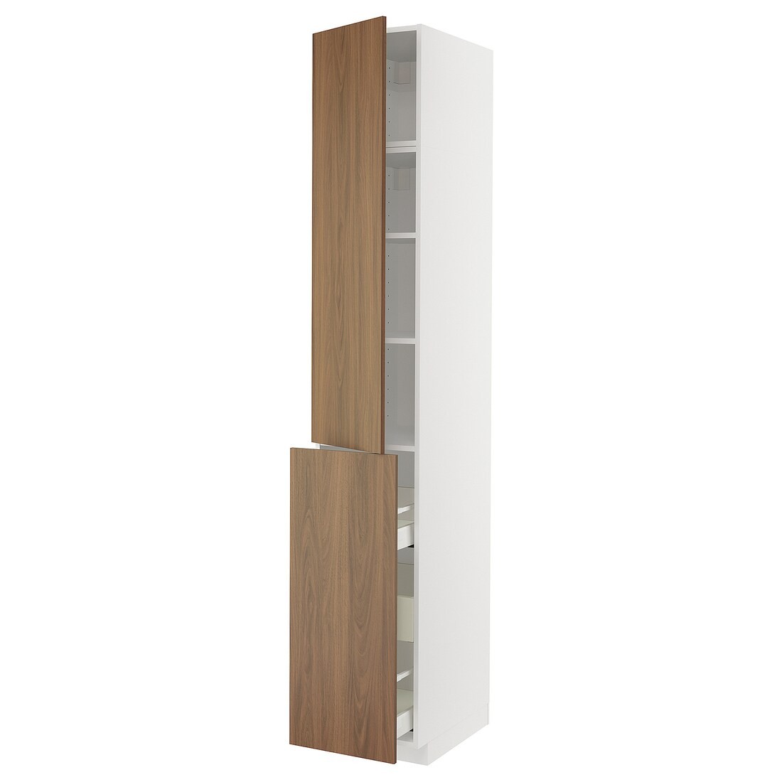 METOD / MAXIMERA Высокий шкаф 3 ящика / 1 дверь / 2 полки, белый / Имитация коричневого ореха, 40x60x240 см