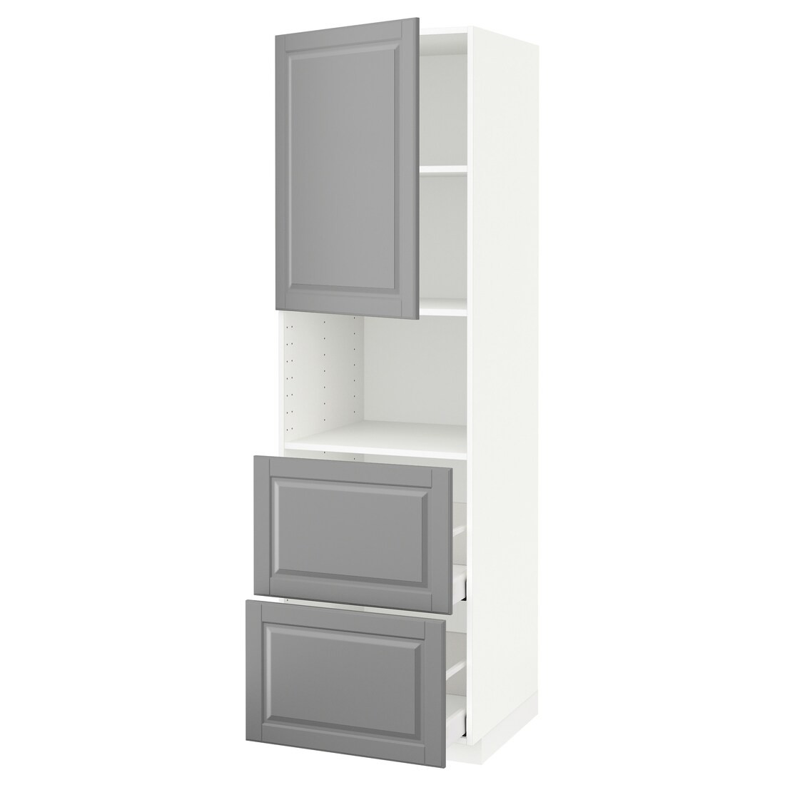 METOD МЕТОД / MAXIMERA МАКСИМЕРА Высокий шкаф для микроволновки с дверями / 2 ящика, белый / Bodbyn серый, 60x60x200 см
