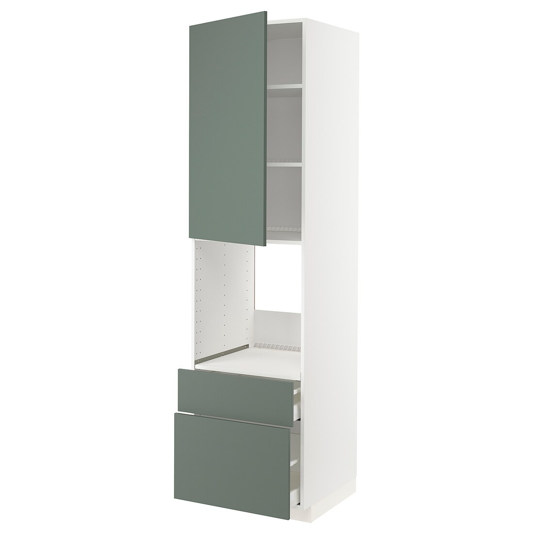 METOD МЕТОД / MAXIMERA МАКСИМЕРА Высокий шкаф для духовки с дверцей / ящиками, белый / Bodarp серо-зеленый, 60x60x220 см
