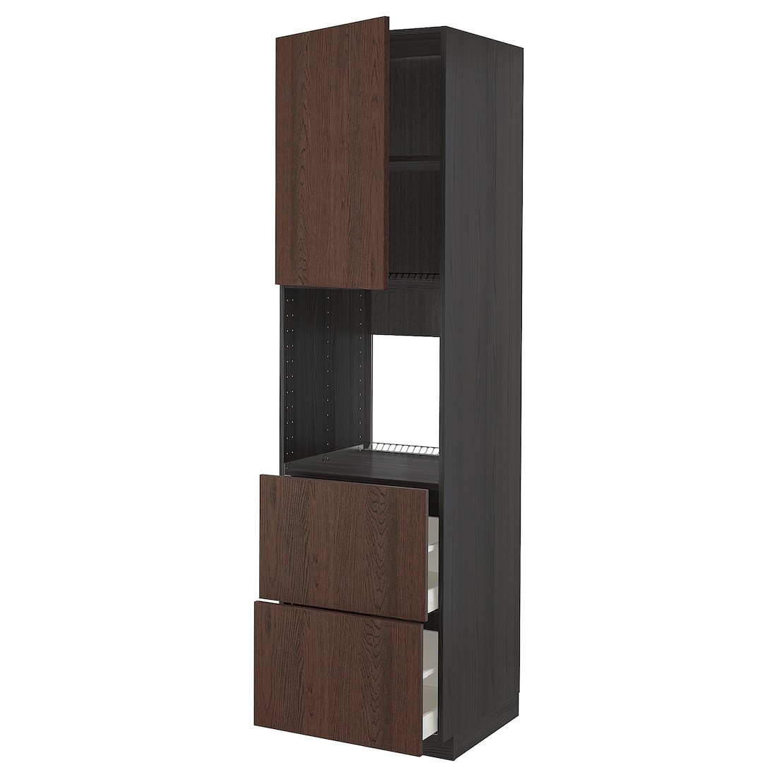 METOD МЕТОД / MAXIMERA МАКСИМЕРА Высокий шкаф для духовки с дверцей / ящиками, черный / Sinarp коричневый, 60x60x220 см
