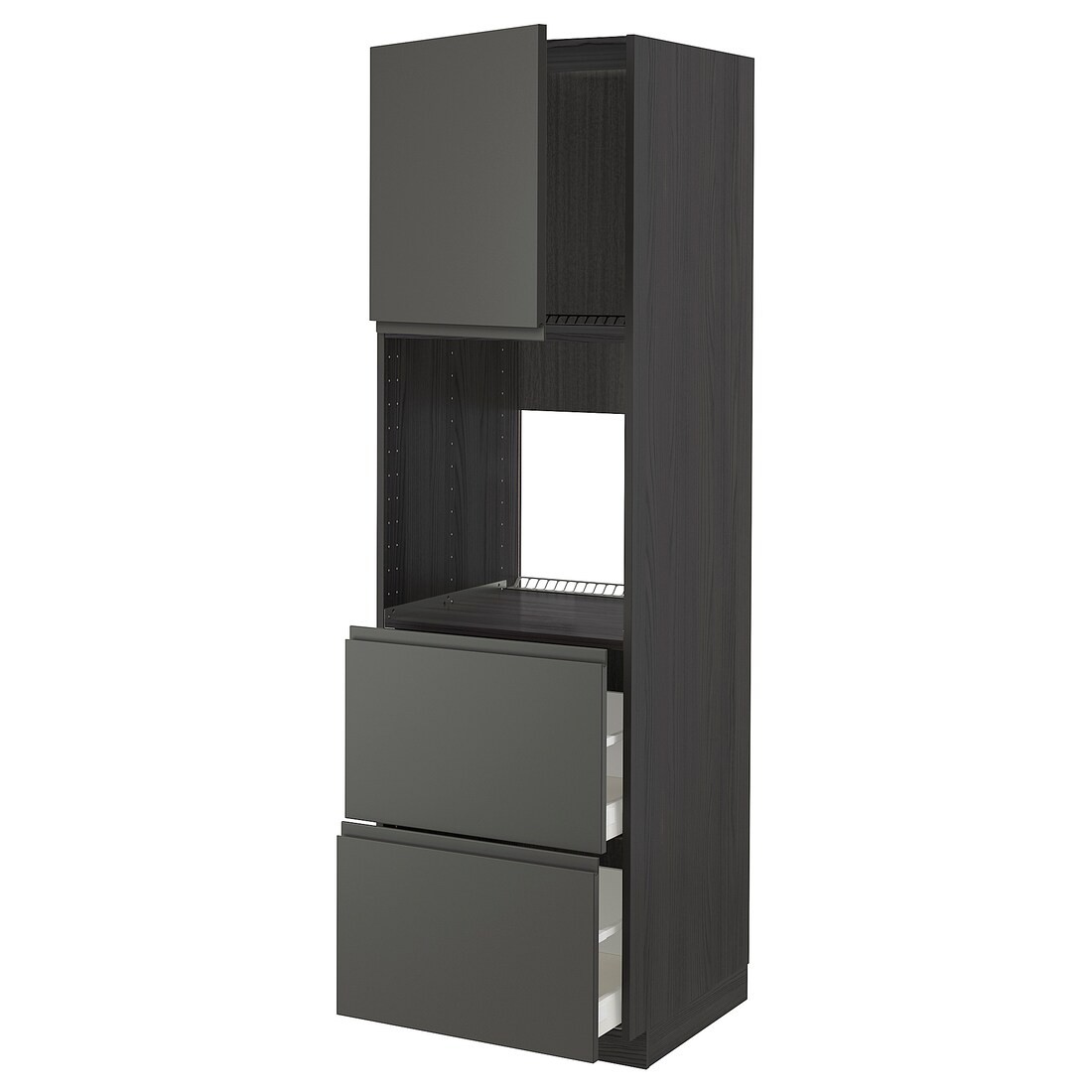 METOD МЕТОД / MAXIMERA МАКСИМЕРА Высокий шкаф для духовки с дверцей / ящиками, черный / Voxtorp темно-серый, 60x60x200 см