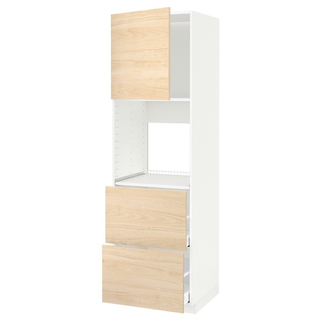 METOD МЕТОД / MAXIMERA МАКСИМЕРА Высокий шкаф для духовки с дверцей / ящиками, белый / Askersund узор светлый ясень, 60x60x200 см