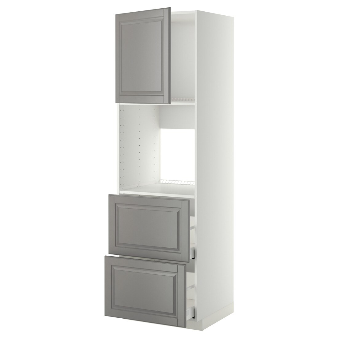 METOD МЕТОД / MAXIMERA МАКСИМЕРА Высокий шкаф для духовки с дверцей / ящиками, белый / Bodbyn серый, 60x60x200 см