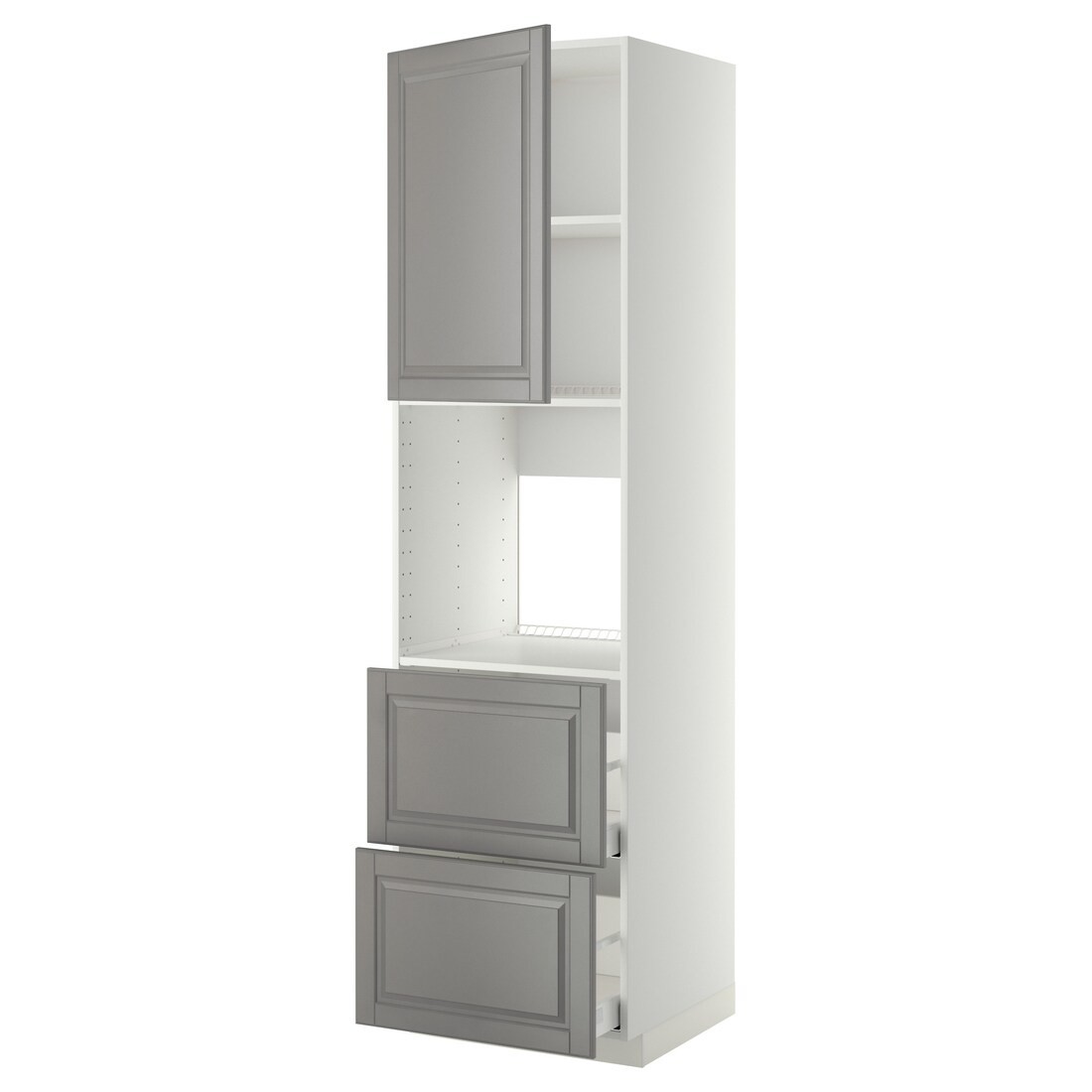 METOD МЕТОД / MAXIMERA МАКСИМЕРА Высокий шкаф для духовки с дверцей / ящиками, белый / Bodbyn серый, 60x60x220 см
