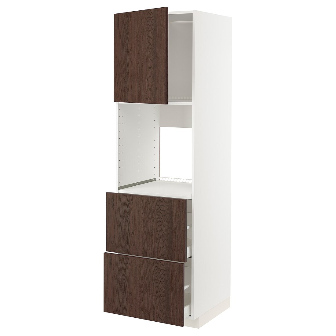 METOD МЕТОД / MAXIMERA МАКСИМЕРА Высокий шкаф для духовки с дверцей / ящиками, белый / Sinarp коричневый, 60x60x200 см