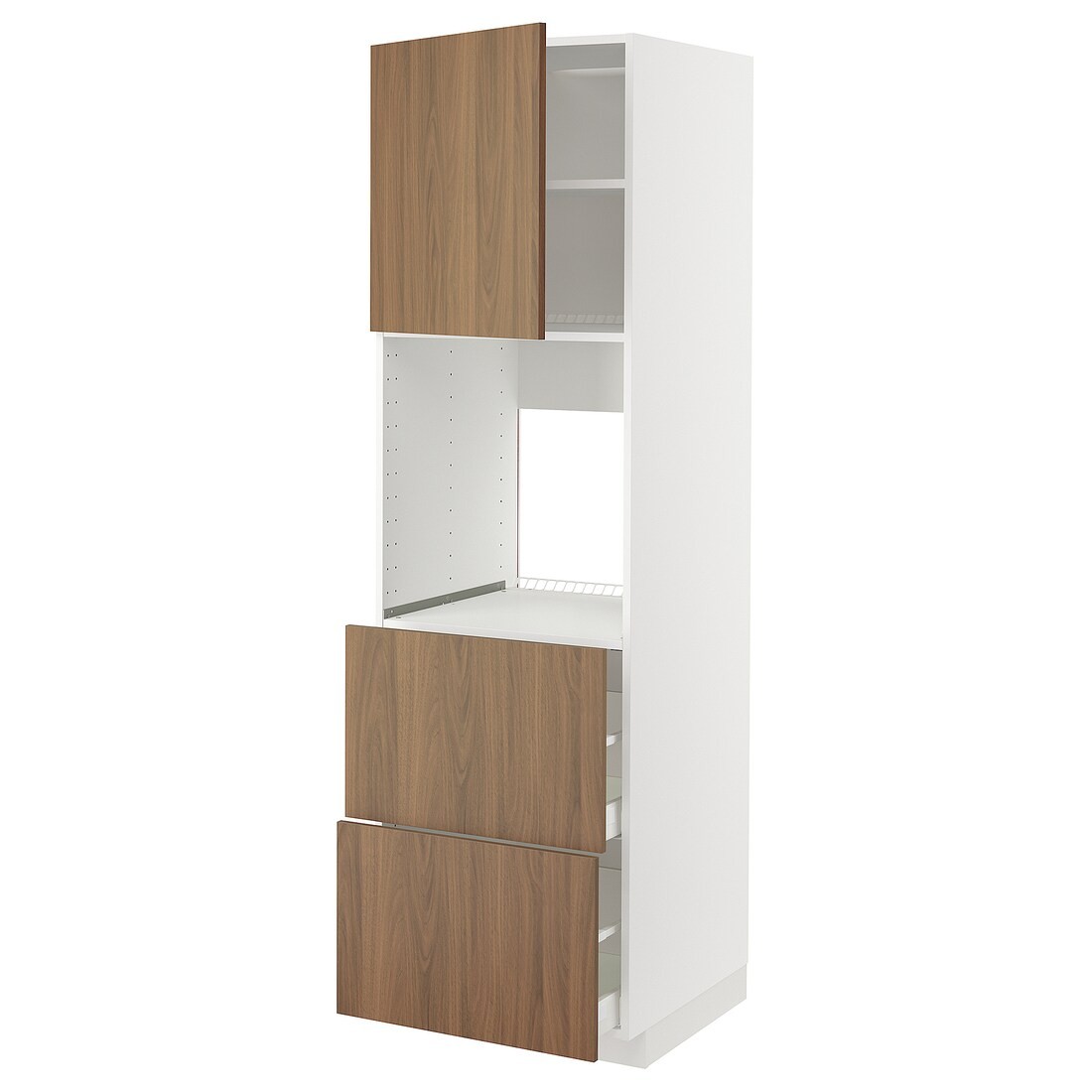 METOD / MAXIMERA Высокий шкаф для духовки с дверцей / ящиками, белый / Имитация коричневого ореха, 60x60x200 см
