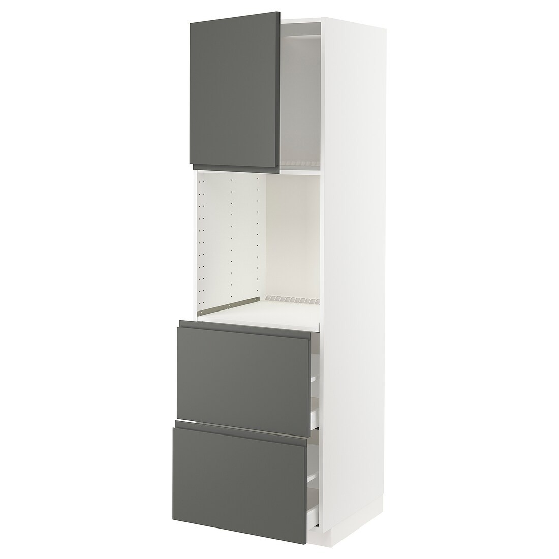METOD МЕТОД / MAXIMERA МАКСИМЕРА Высокий шкаф для духовки с дверцей / ящиками, белый / Voxtorp темно-серый, 60x60x200 см