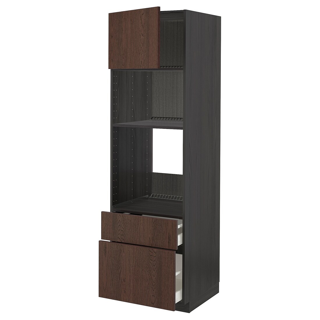 METOD МЕТОД / MAXIMERA МАКСИМЕРА Высокий шкаф для духовки / микроволновки с дверями / 2 ящиками, черный / Sinarp коричневый, 60x60x200 см