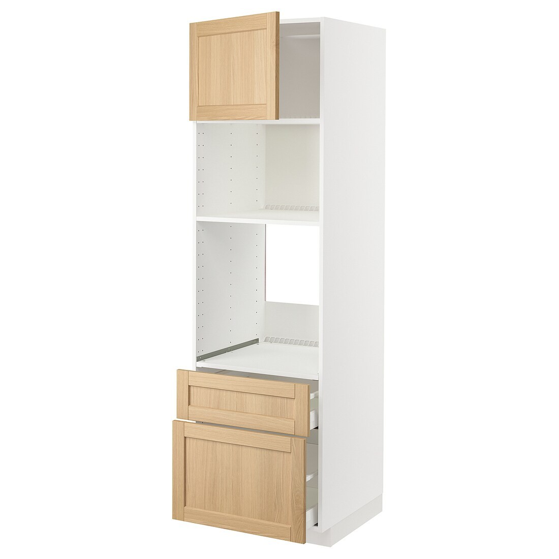 METOD / MAXIMERA Высокий шкаф для духовки / микроволновки с дверями / 2 ящиками, белый / дуб Forsbacka, 60x60x200 см