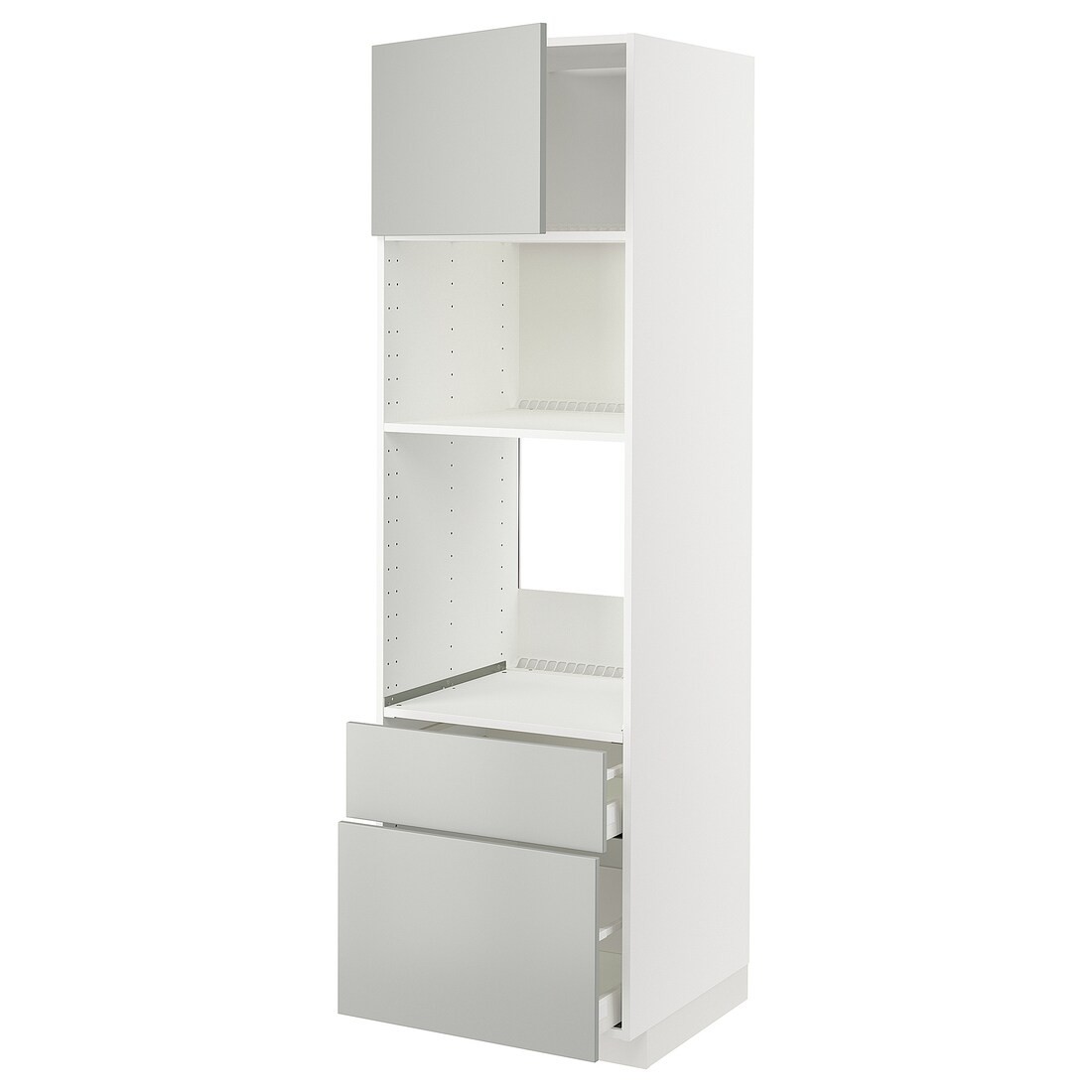 METOD / MAXIMERA Высокий шкаф для духовки / микроволновки с дверями / 2 ящиками, белый / Хавсторп светло-серый, 60x60x200 см