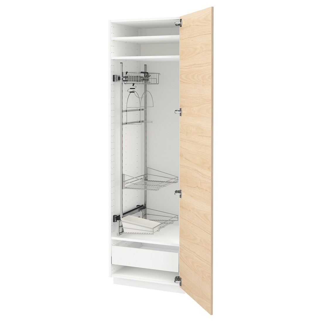 METOD МЕТОД / MAXIMERA МАКСИМЕРА Высокий шкаф с отделением для аксессуаров для уборки, белый / Askersund узор светлый ясень, 60x60x200 см