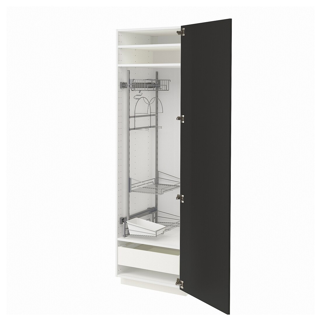 METOD МЕТОД / MAXIMERA МАКСИМЕРА Высокий шкаф с отделением для аксессуаров для уборки, белый / Nickebo матовый антрацит, 60x60x200 см