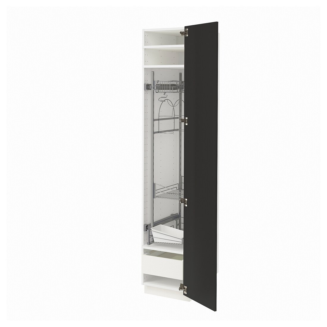 METOD МЕТОД / MAXIMERA МАКСИМЕРА Высокий шкаф с отделением для аксессуаров для уборки, белый / Nickebo матовый антрацит, 40x60x200 см