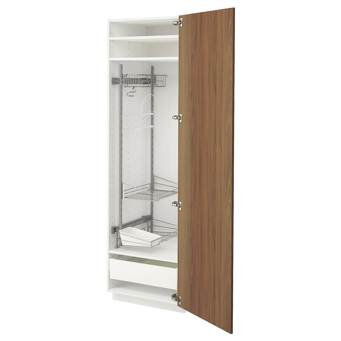 METOD / MAXIMERA Высокий шкаф с отделением для аксессуаров для уборки, белый / Имитация коричневого ореха, 60x60x200 см