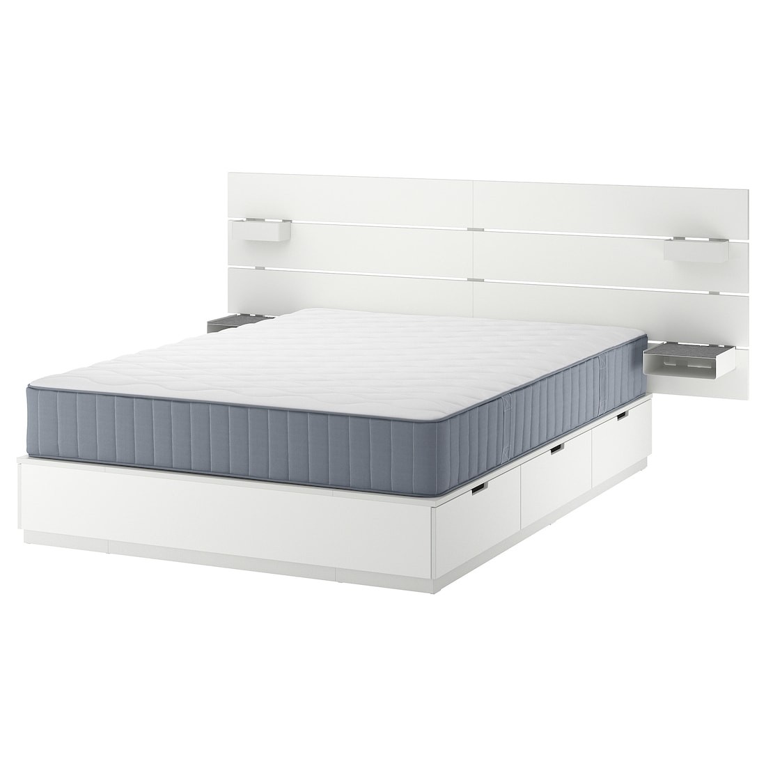 NORDLI Кровать с контейнером и матрасом, с изголовьем белый / Vågstranda жесткий, 140x200 см