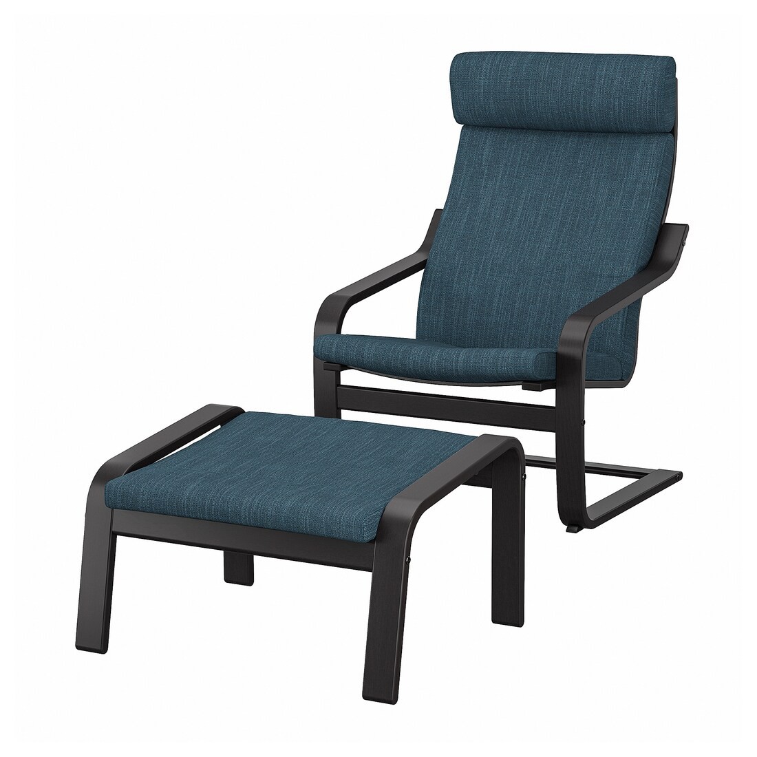 POÄNG ПОЭНГ Кресло с подставкой для ног, черно-коричневый / Hillared темно-синий