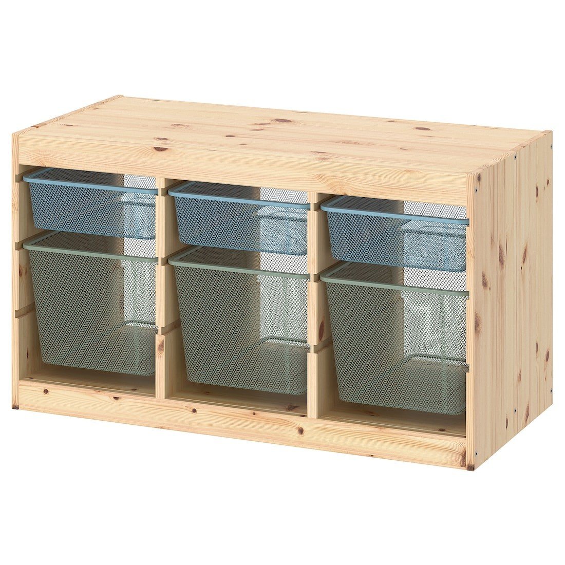 TROFAST ТРУФАСТ Комбинация для хранения + контейнеры, светлая беленая сосна серо-голубой / светлый зелено-серый, 93x44x52 cм