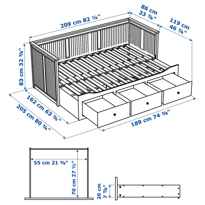 HEMNES Каркас кровати-кушетки с 3 ящиками, серый